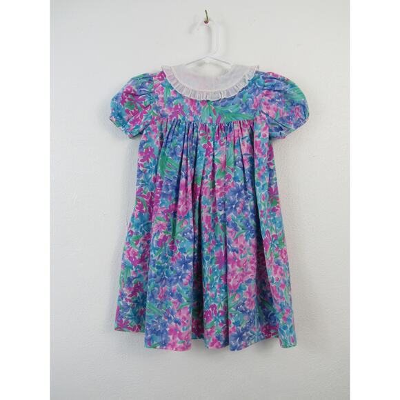 Vintage Kelly's Kids 4T Purple Pink Blue Floral Print Bishop Dress Ruffle Collar - Picture 4 of 5